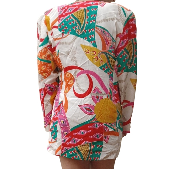 Vintage Simon Chang Paisley Double Breasted Blazer Jacket Size 8 White Multi 80s - Picture 3 of 3